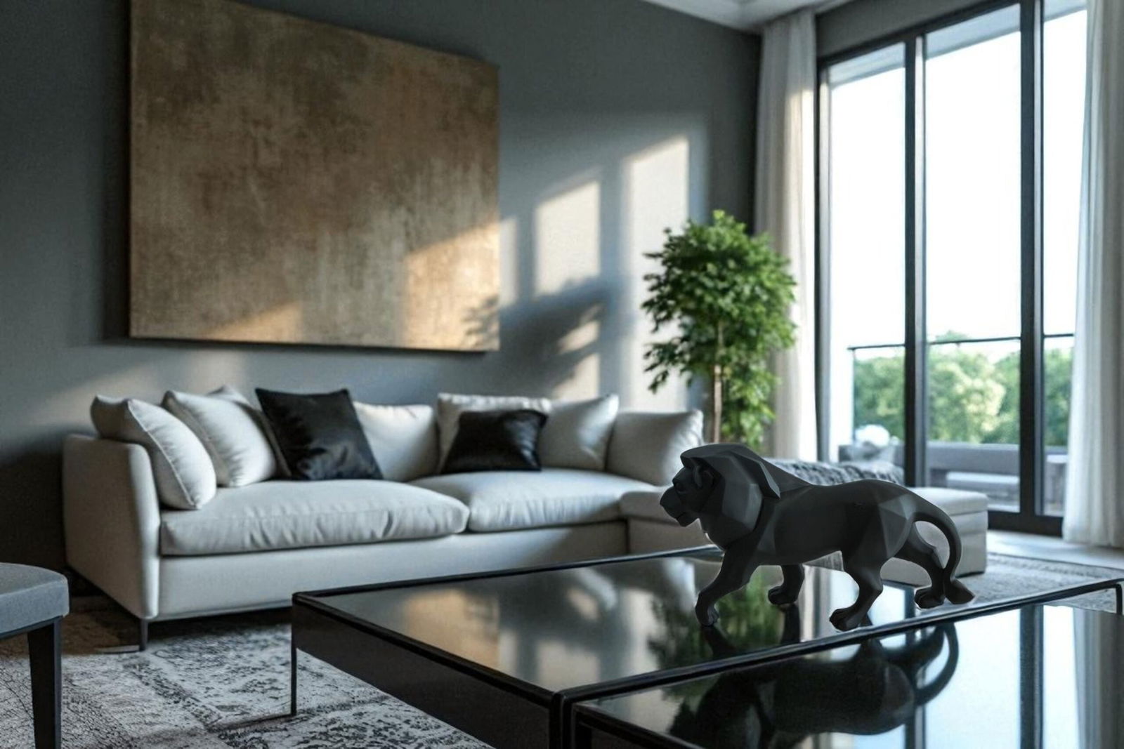 Matte Black Resin Lion Statue - Modern Geometric Indoor/Outdoor Sculpture, Bold Polygon Design with - 2