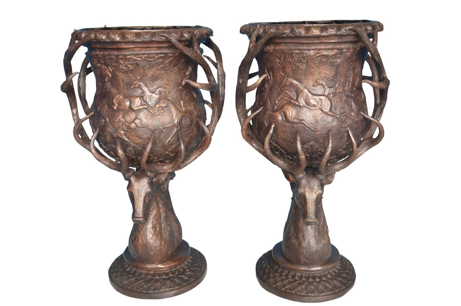 Pair of Deer Head Urn Bronze Statue - Size: 30"L x 30"W x 48"H.: Title:Pair of Deer Head Urn Bronze Statue - Size: 30"L x 30"W x 48"H.Description:A beautiful large standing Pair of Deer Head Urns Bronze Statues with exceptional details. A timeless Creation in lost