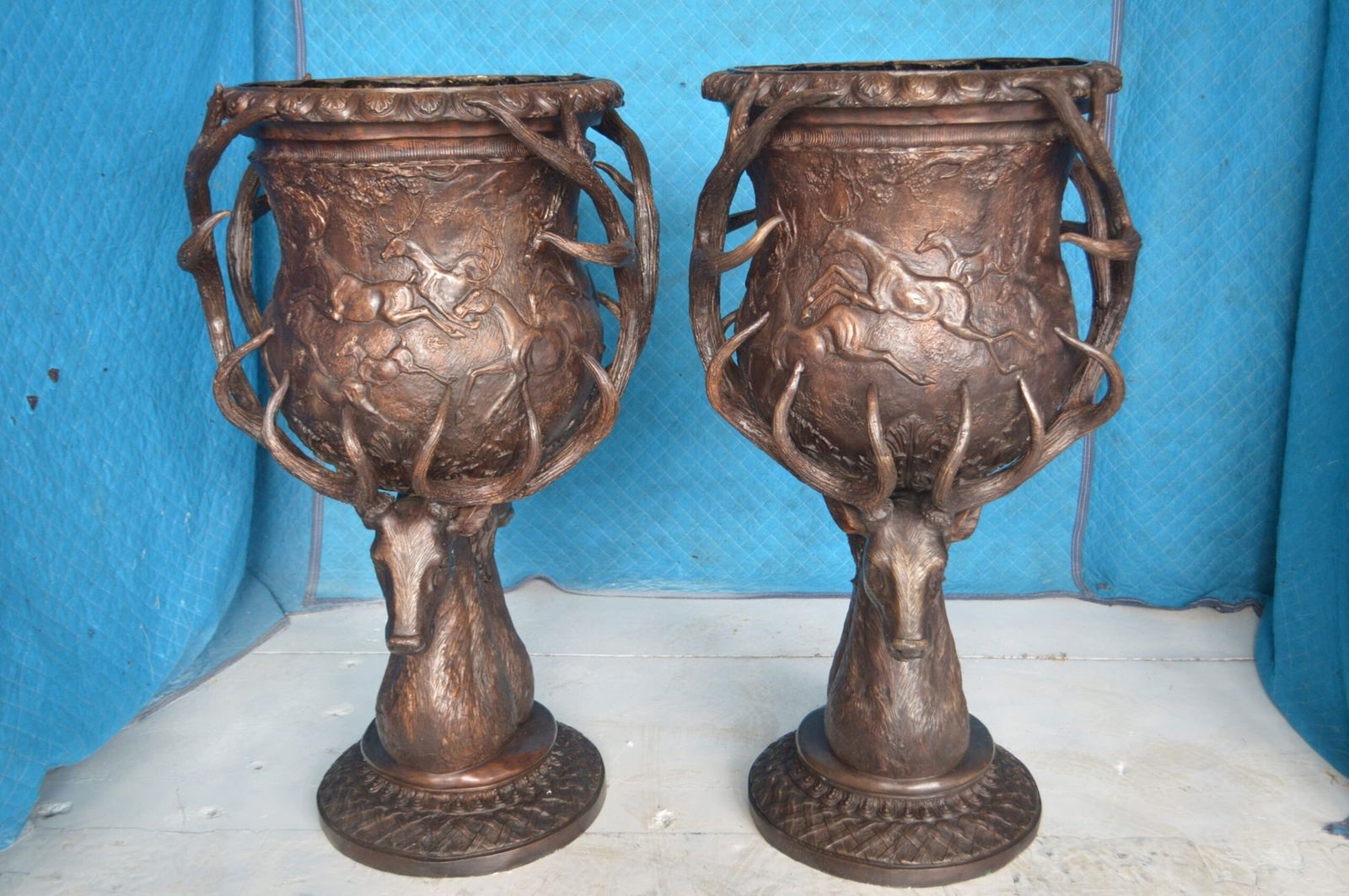 Pair of Deer Head Urn Bronze Statue - Size: 30"L x 30"W x 48"H. - 2