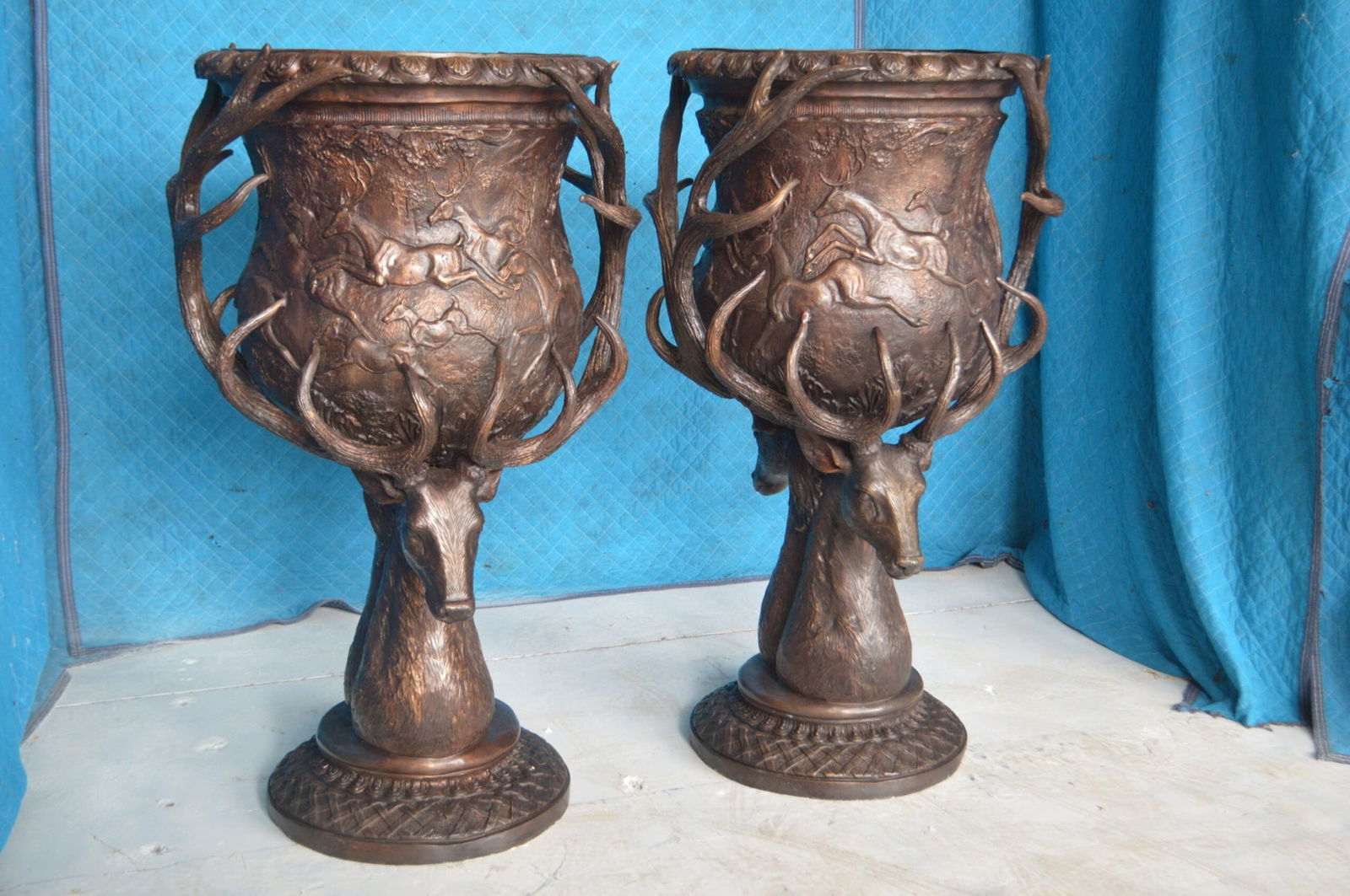 Pair of Deer Head Urn Bronze Statue - Size: 30"L x 30"W x 48"H. - 6