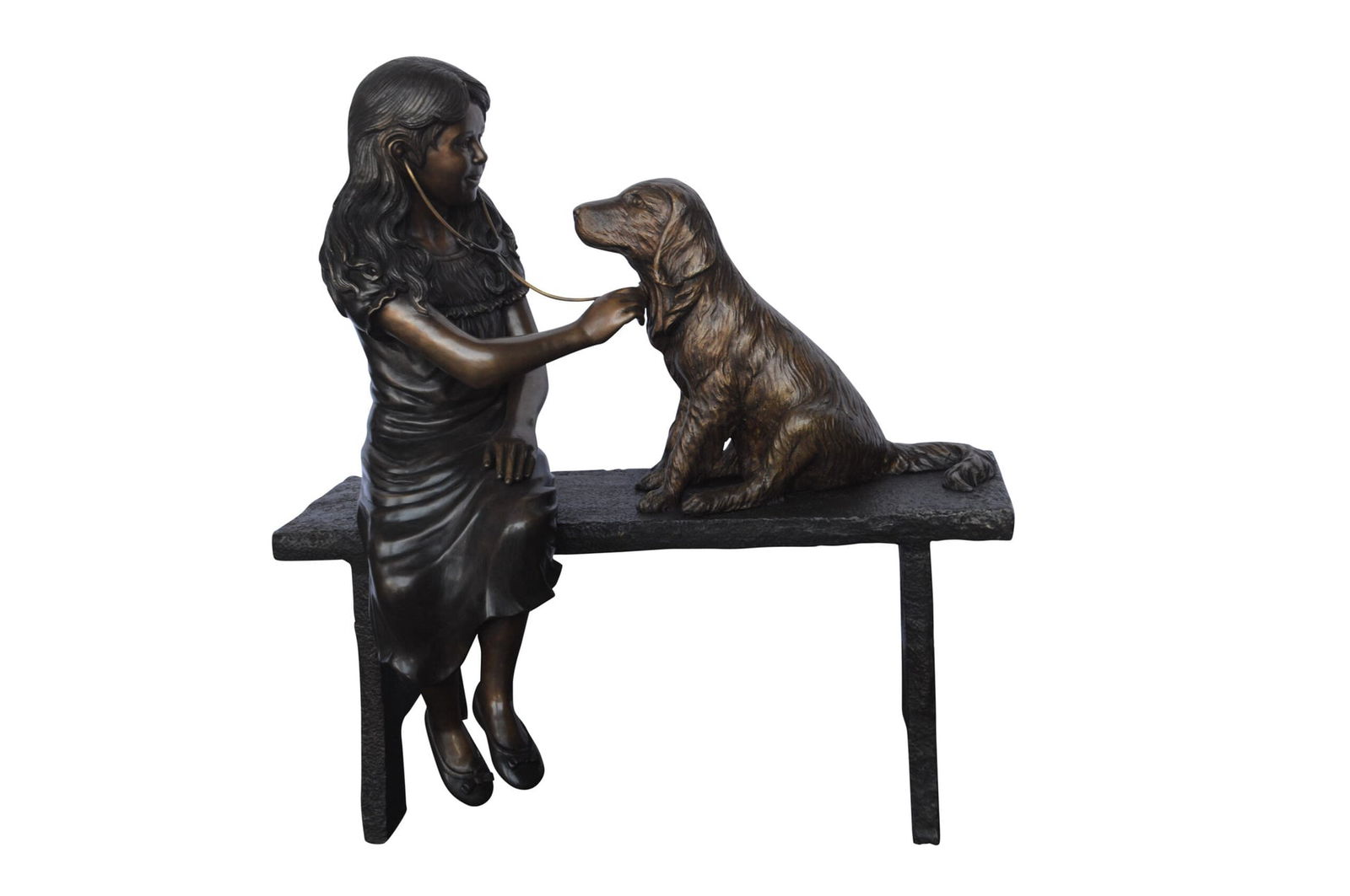 Girl plays Doctor on a Bench W Dog Bronze Statue - Size: 38"L x 18"W x 39"H.: Title:Girl plays Doctor on a Bench W Dog Bronze Statue - Size: 38"L x 18"W x 39"H. Description:This charming life size statue depicts a little girl playing doctor with her dog. This statue depicts chi