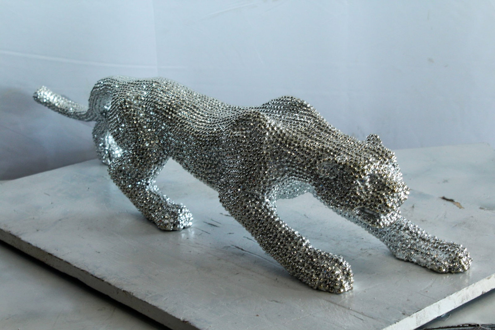 Resin Panther Statue -Sleek Indoor/Outdoor Decorative Sculpture, Hand-Cast Beaded Silver Finish, - 2