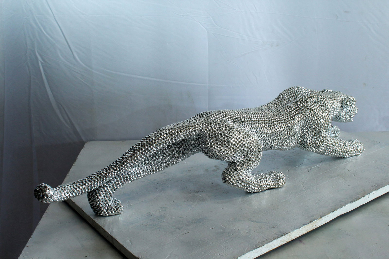 Resin Panther Statue -Sleek Indoor/Outdoor Decorative Sculpture, Hand-Cast Beaded Silver Finish, - 5