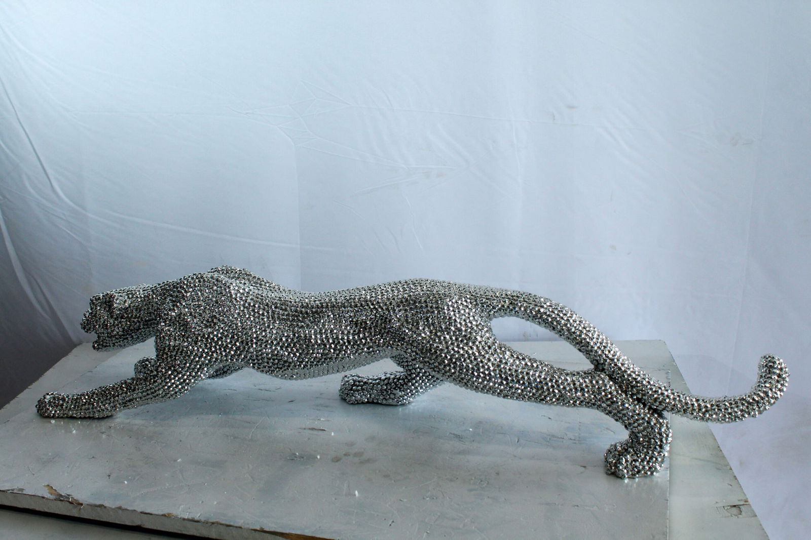 Resin Panther Statue -Sleek Indoor/Outdoor Decorative Sculpture, Hand-Cast Beaded Silver Finish, - 6