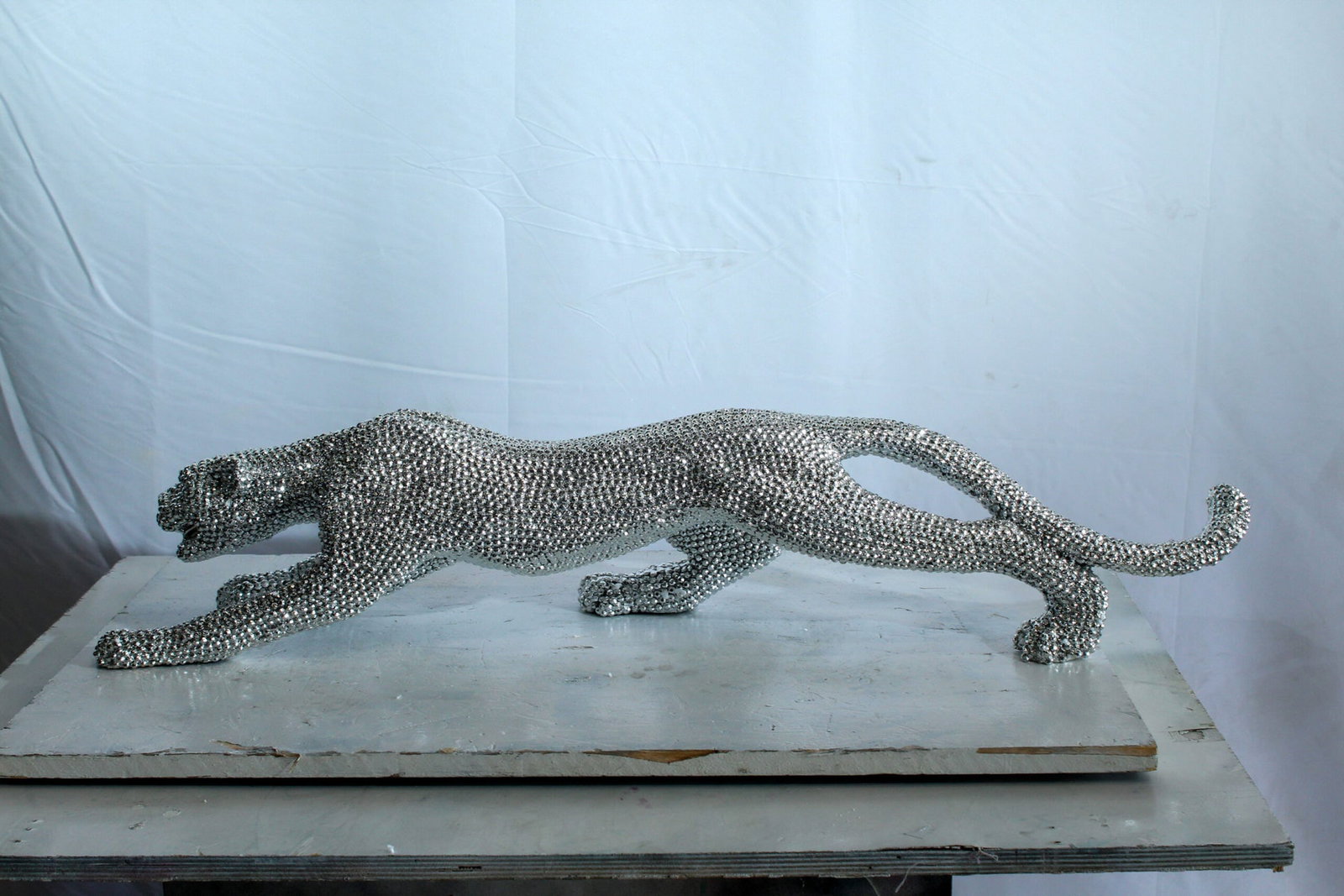 Resin Panther Statue -Sleek Indoor/Outdoor Decorative Sculpture, Hand-Cast Beaded Silver Finish, - 8