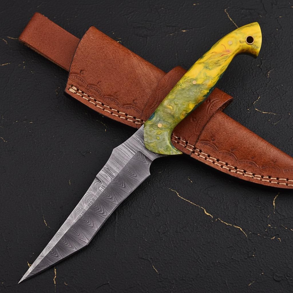 9" Hand Forged Damascus Steel Tanto Knife Full Tang Fixed Blade with Wood Handle - 2