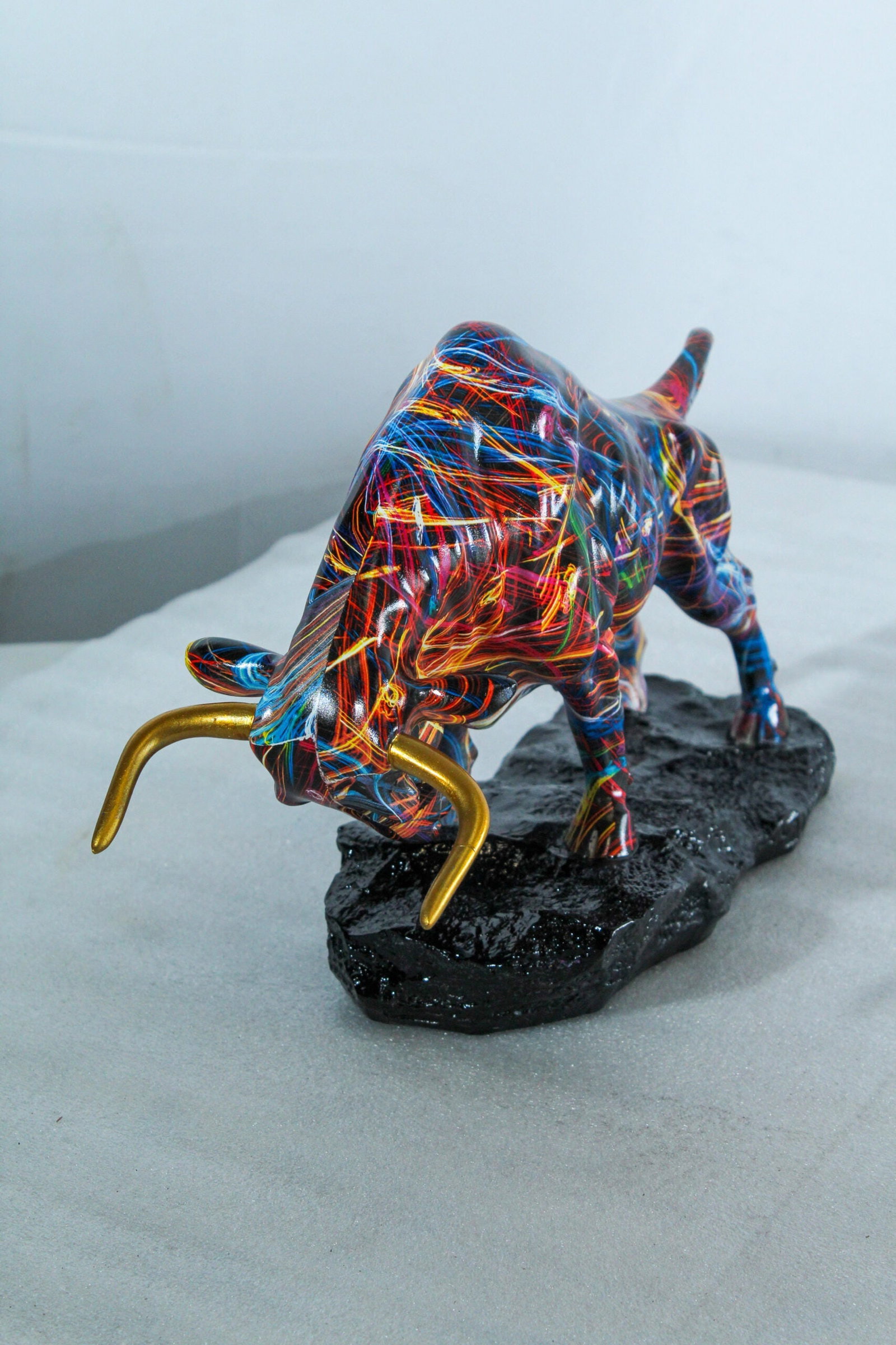 Resin Bull Statue - Multicolor Indoor/Outdoor Charging Bull SculptureRed,Blue,Yellow &Orange Design - 12
