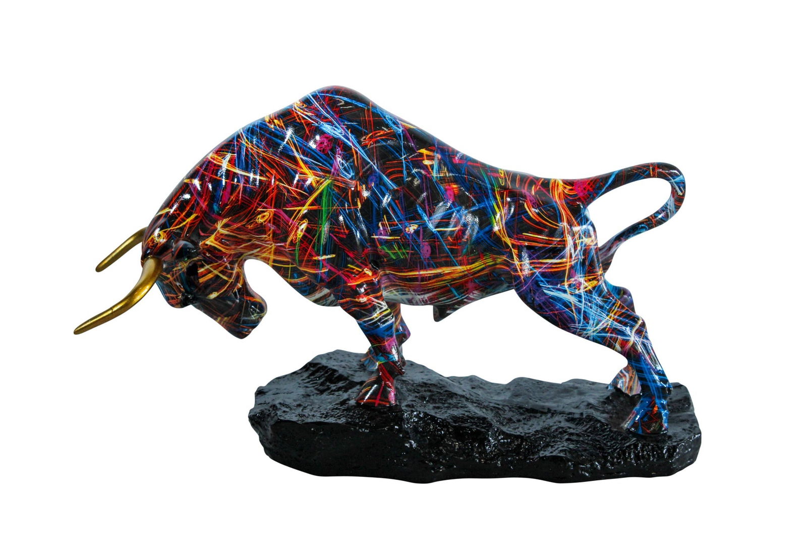 Resin Bull Statue - Multicolor Indoor/Outdoor Charging Bull SculptureRed,Blue,Yellow &Orange Design: Title:Resin Bull Statue - Multicolor Indoor/Outdoor Charging Bull SculptureRed,Blue,Yellow &Orange Design with Gold Horns on Glossy Black Base,Decorative Figurine for Homes,Offices14 x 4" x 9"H Descri