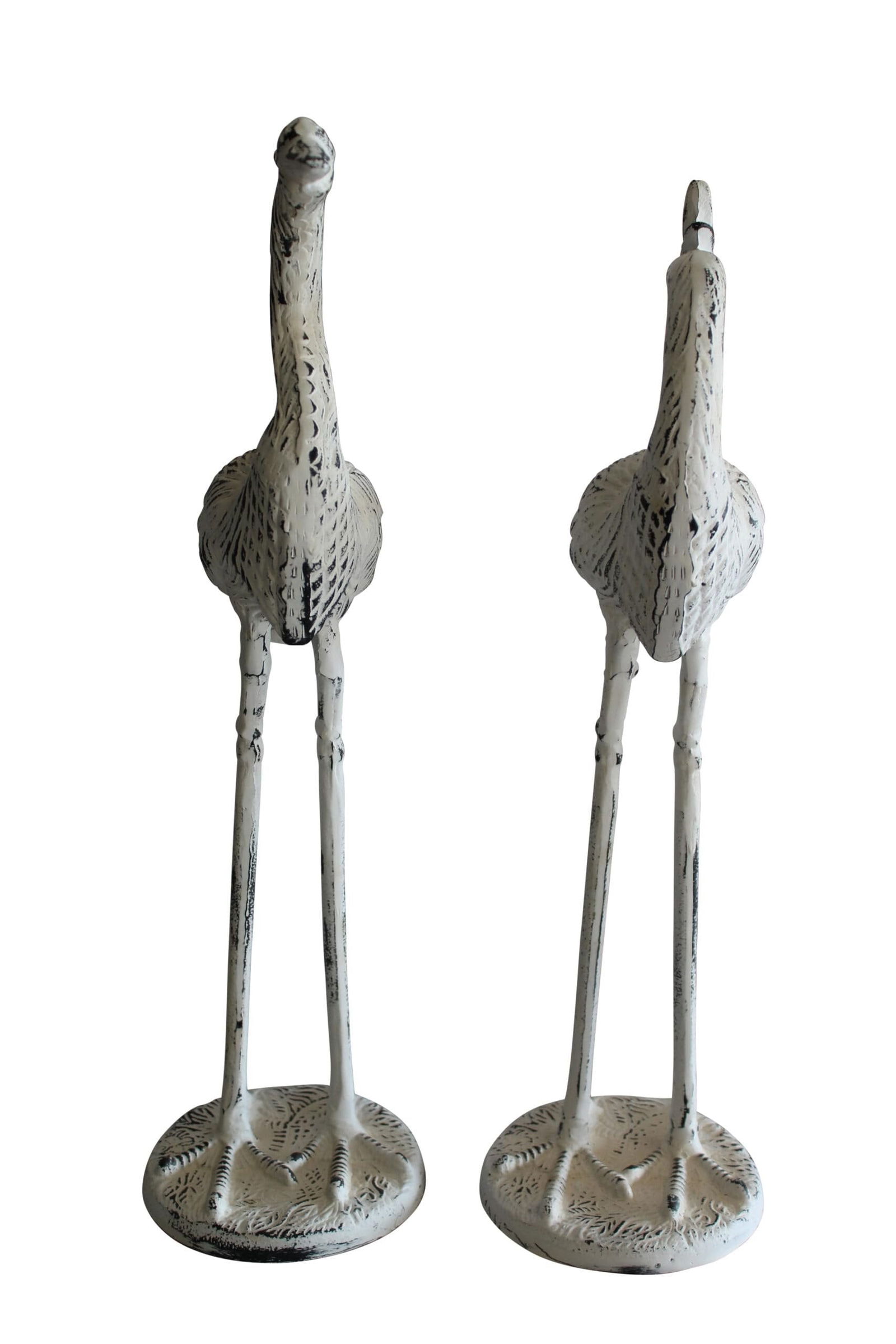 Pair of Aluminum Crane with White Patina Finish 10" x 12" x 23"H: Title:Pair of Aluminum Crane with White Patina Finish 10" x 12" x 23"H Description:Introducing our aluminum pair of swans with gold and silver finish. Handcrafted and casted, these graceful birds brin