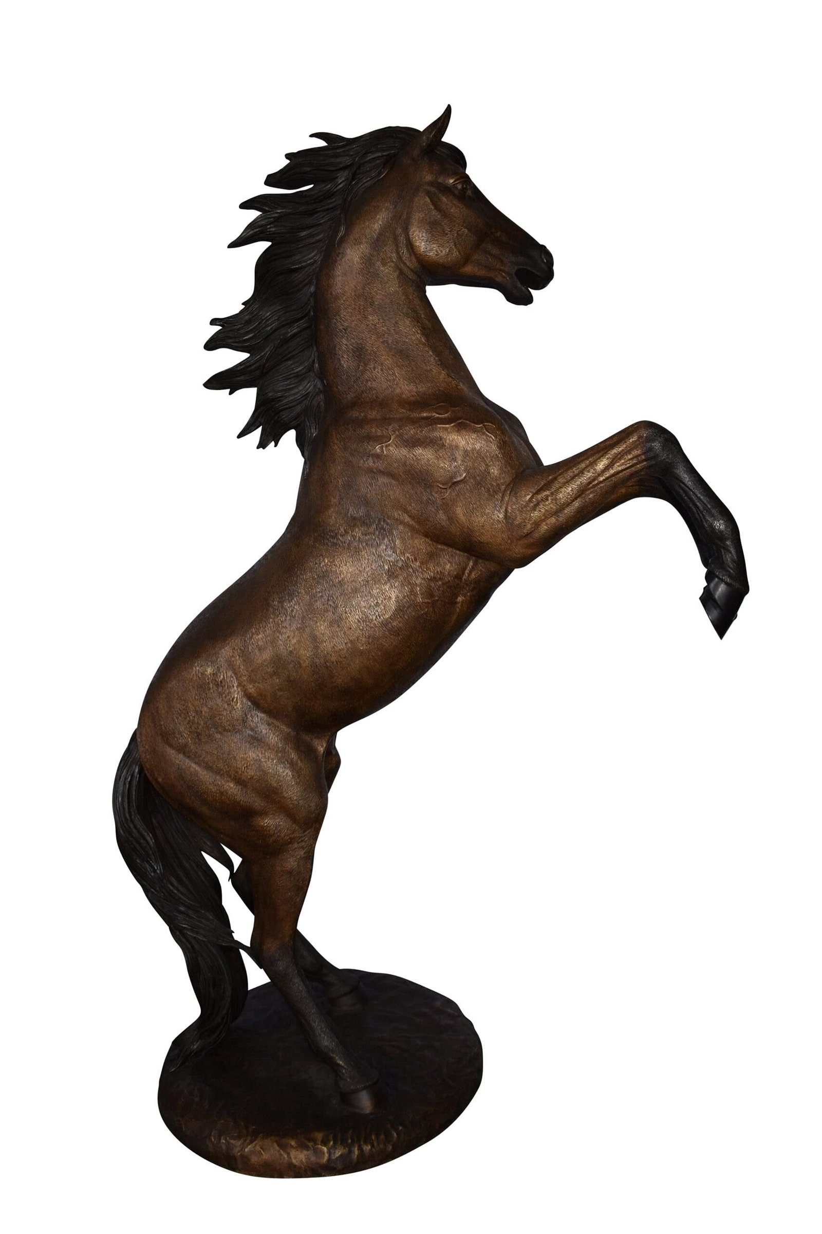 Giant and Incredibly Detailed Rearing Horse Bronze Statue Size: 49" x 27" x 73"H: Title:Giant and Incredibly Detailed Rearing Horse Bronze Statue Size: 49" x 27" x 73"H Description:Here is a magnificent, impressive life size bronze statue of a rearing horse. The sculpture is cast i