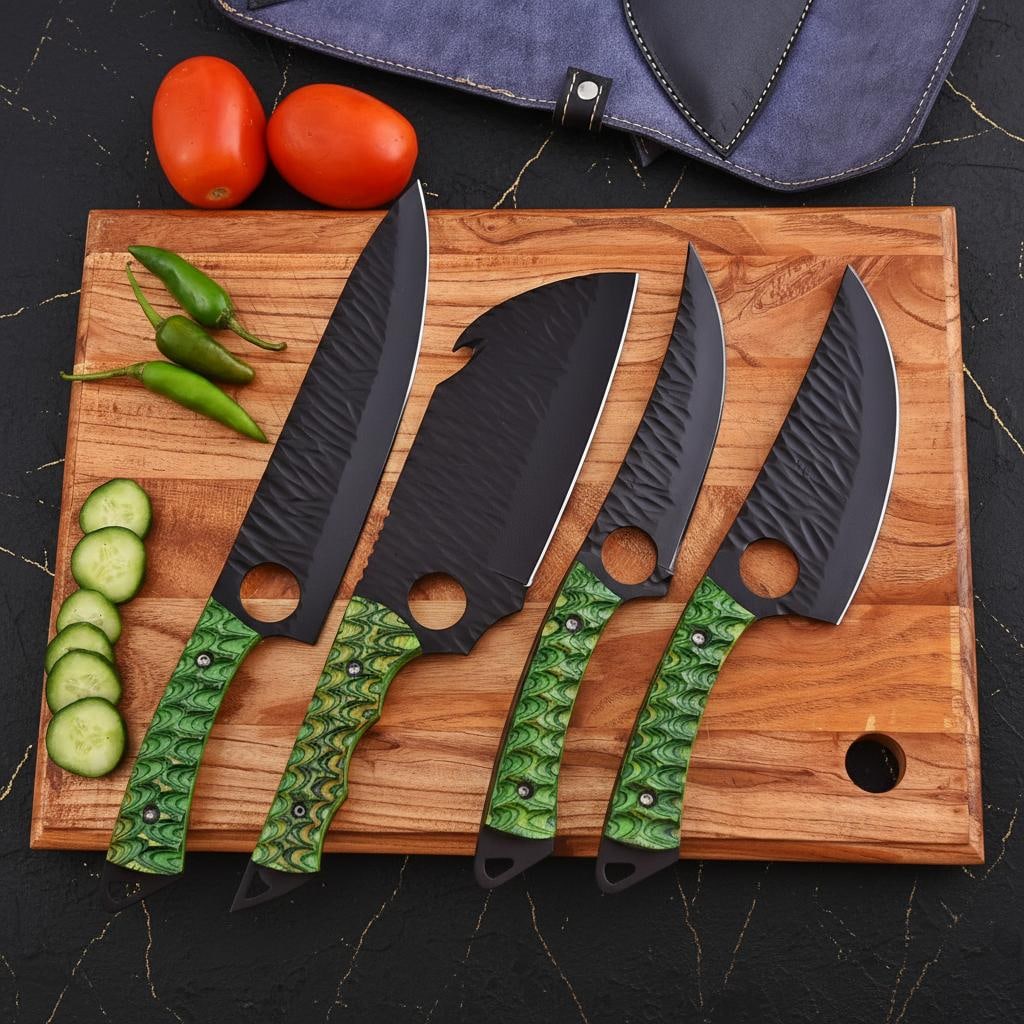 Hand Forged Damascus Chef Knife Set 4-Piece High Carbon Steel with Leather Roll Bag - 4