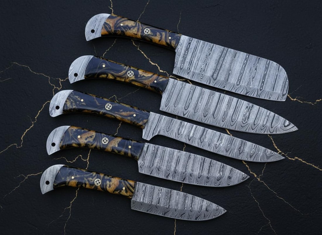 Hand Forged Damascus Steel 5-Piece Chef Knife Set with Custom Resin Handles - 2