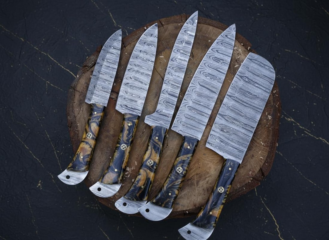 Hand Forged Damascus Steel 5-Piece Chef Knife Set with Custom Resin Handles - 3