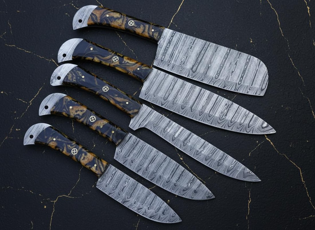 Hand Forged Damascus Steel 5-Piece Chef Knife Set with Custom Resin Handles - 7