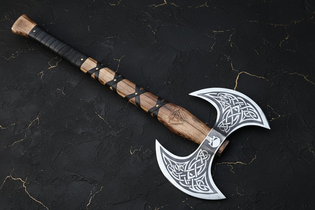 30" Hand Forged Viking Tomahawk Axe, Double Head Carbon Steel, Ash Wood Handle - 2