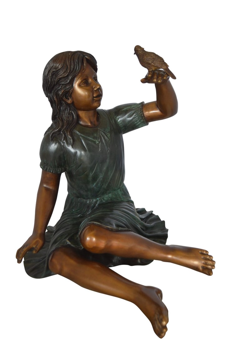Girl with a Sparrow Bronze Statue - Size: 24"L x 30"W x 25"H.: Title:Girl with a Sparrow Bronze Statue - Size: 24"L x 30"W x 25"H.Description:This charming large size statue depicts a little girl sitting on the ground holding a sparrow. This very fine and unique