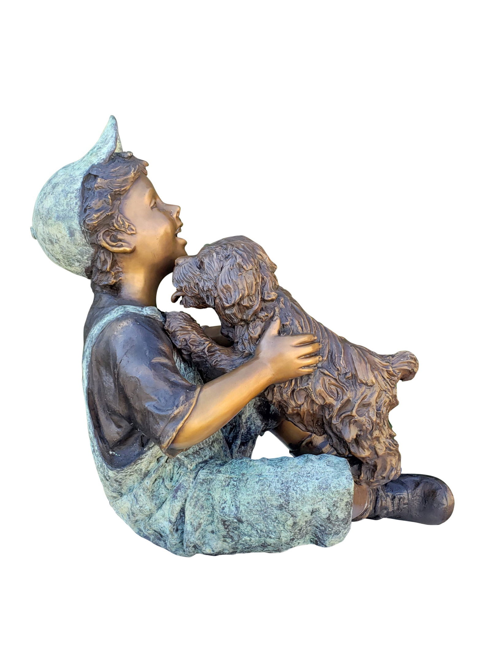 Playful Young Boy and his Puppy Bronze Statue Size: 20" x 16" x 24"H: Title:Playful Young Boy and his Puppy Bronze Statue Size: 20" x 16" x 24"H Description:When viewing this realistic bronze statue of a young buy sharing love with his puppy, it is hard not to smile and