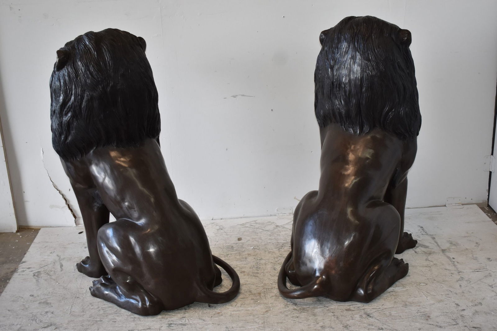 A Pair of Large Lions Sitting Side by Side Bronze Statues Size: 23" x 33" x 46"H - 6