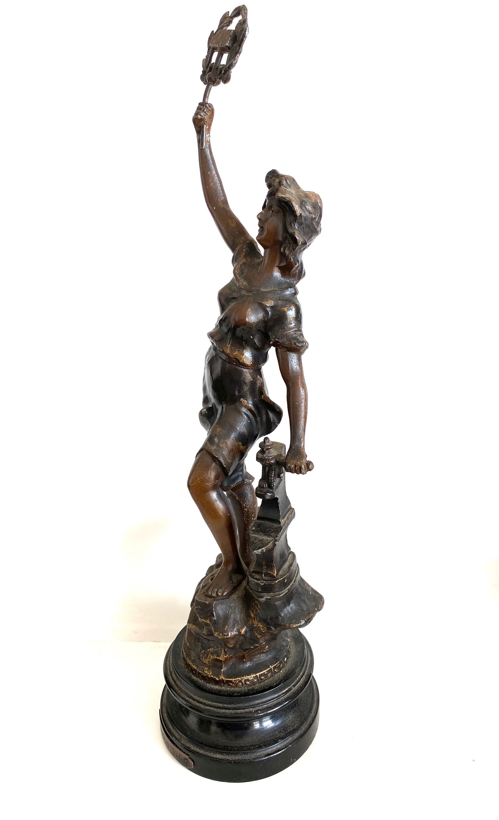 Antique spelter figure of girl - l' industrie - with brass plaque & bronze finish - 2