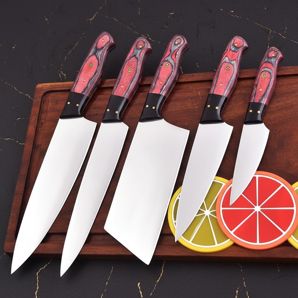 Hand Crafted 5pc J2 Steel Chef Knife Set with Damascus Bolsters & Leather Roll - 2