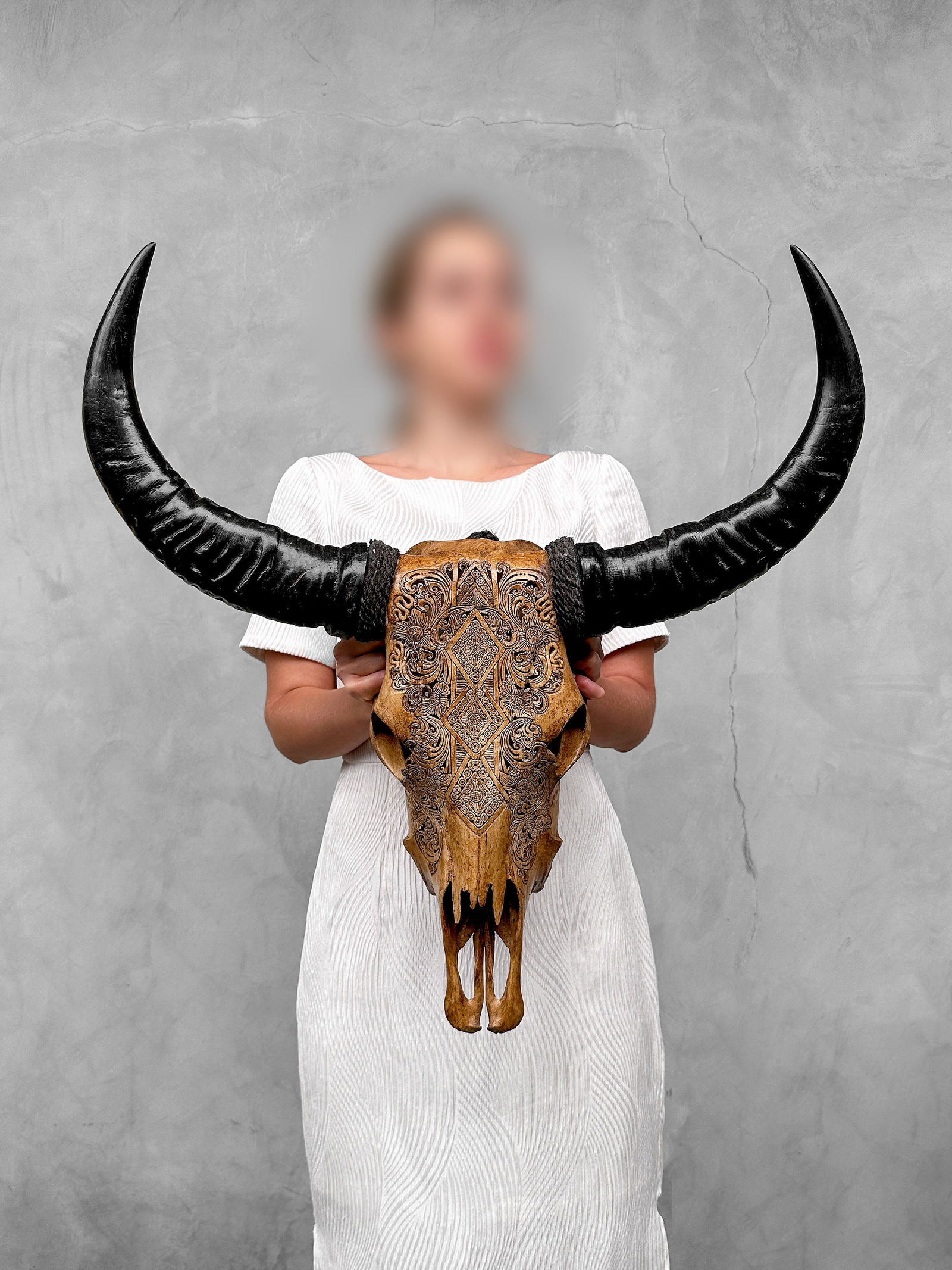 Carved brown buffalo skull - Ketupat motif - 2