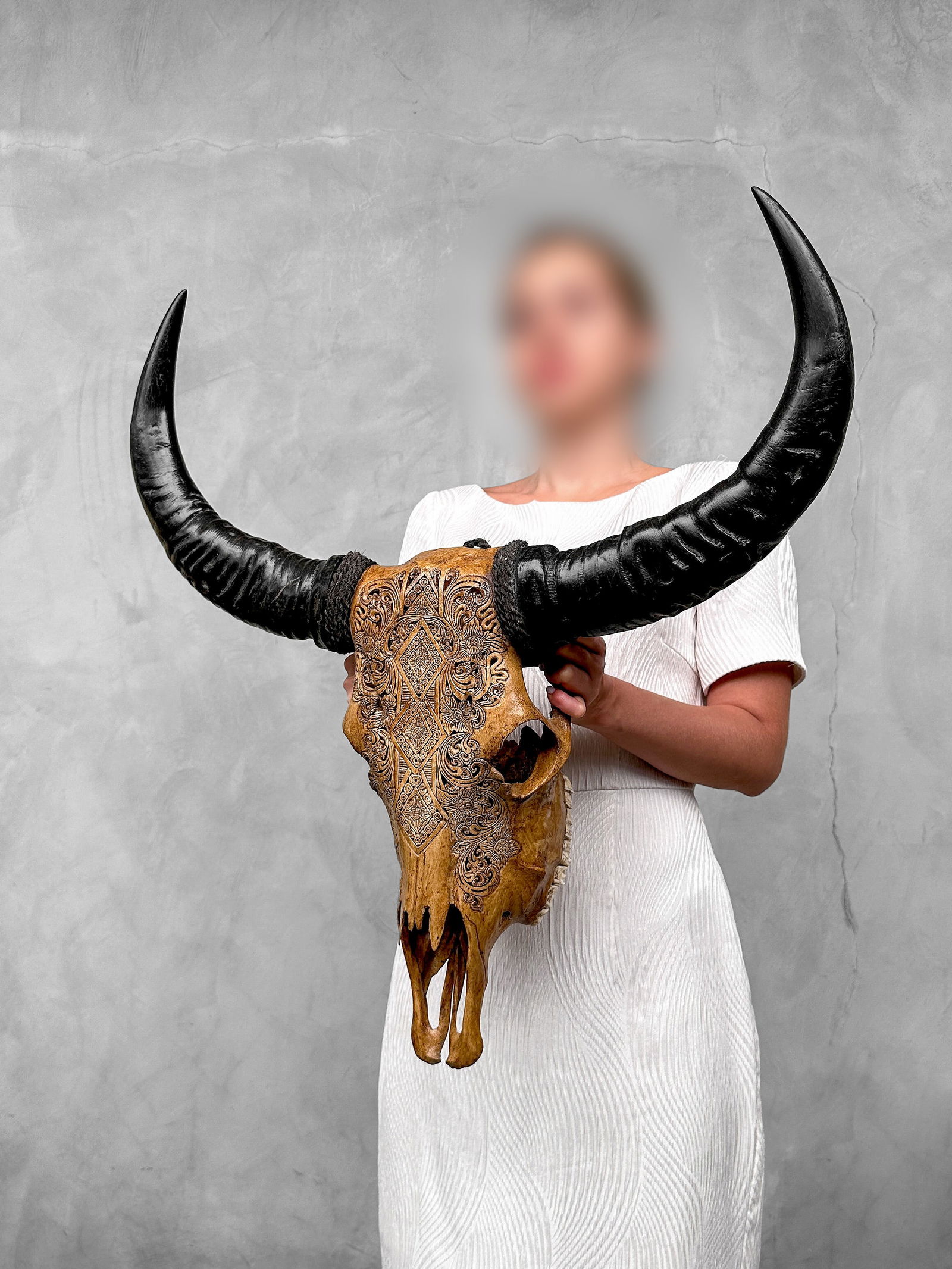 Carved brown buffalo skull - Ketupat motif - 3