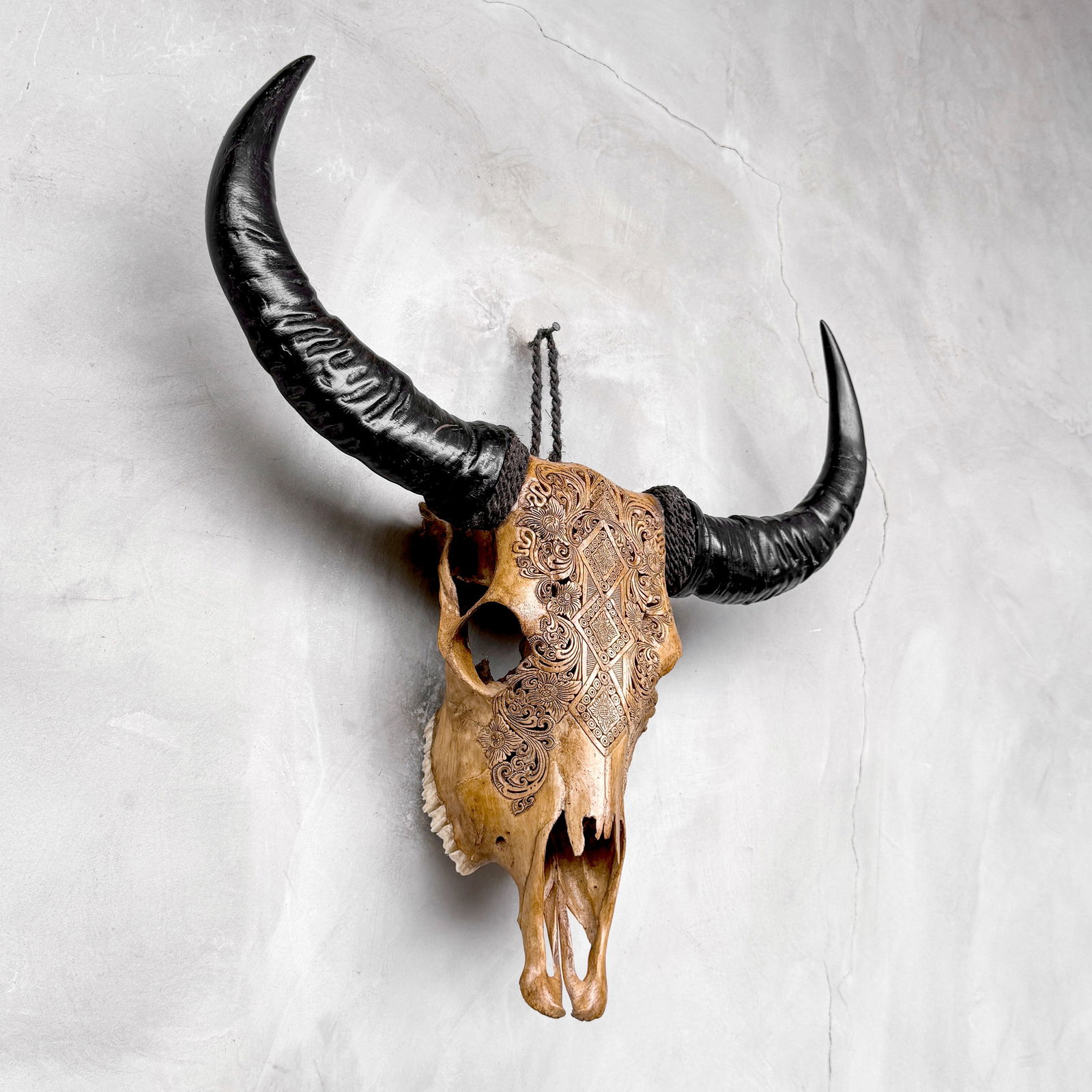 Carved brown buffalo skull - Ketupat motif - 6