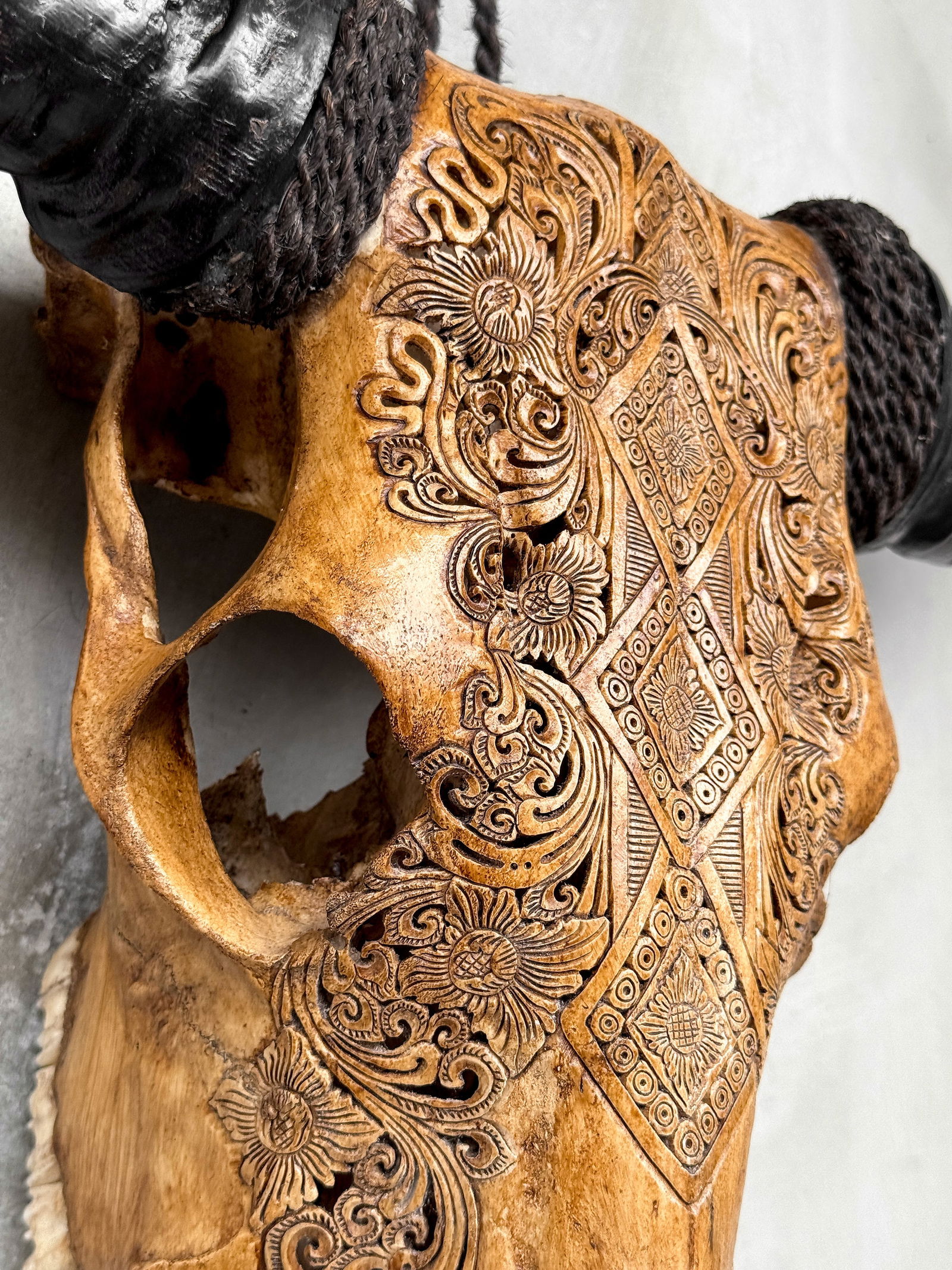 Carved brown buffalo skull - Ketupat motif - 7