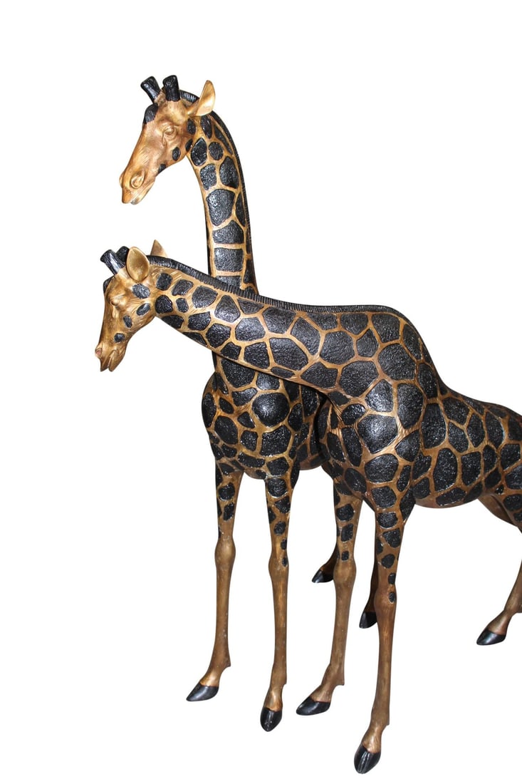 Pair of Giraffes Bronze Statues - Size: 32"L x 12"W x 55"H.: Title:Pair of Giraffes Bronze Statues - Size: 32"L x 12"W x 55"H.Description:These towering Large Giraffe Pair Bronze Sculptures are a matching set of two inspiring wildlife replicas that measure