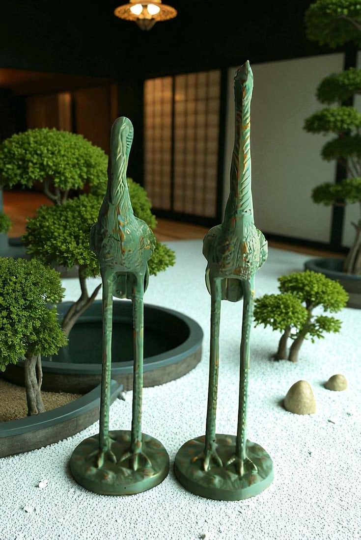 Pair of Aluminum Crane with Green Patina Finish 24" x 14" x 42"H - 2