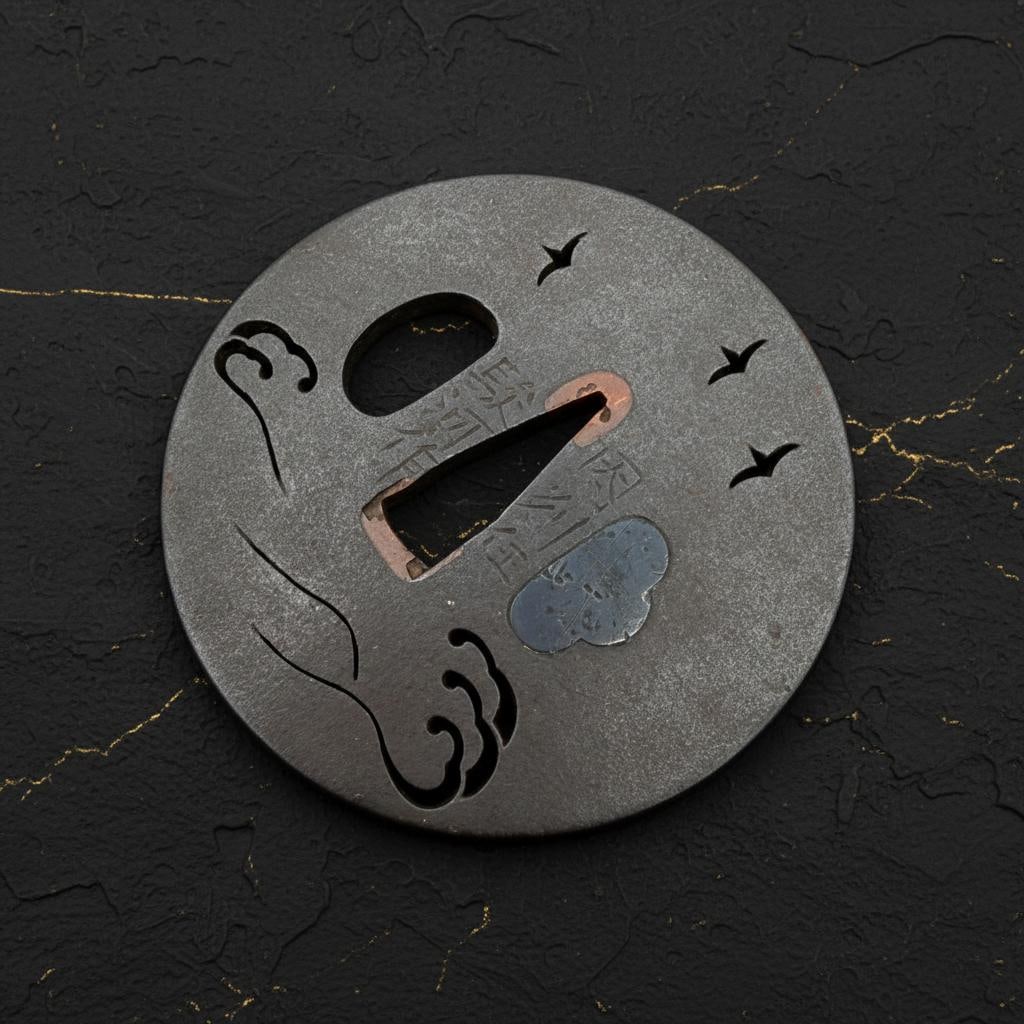 Iron Sukashi Tsuba with Plovers and Waves, Inshu Suruga School, Antique Edo Sword Fitting - 3