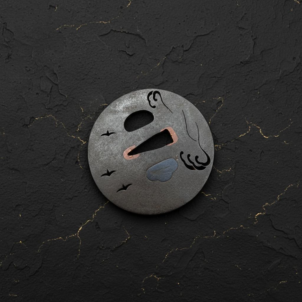 Iron Sukashi Tsuba with Plovers and Waves, Inshu Suruga School, Antique Edo Sword Fitting - 6