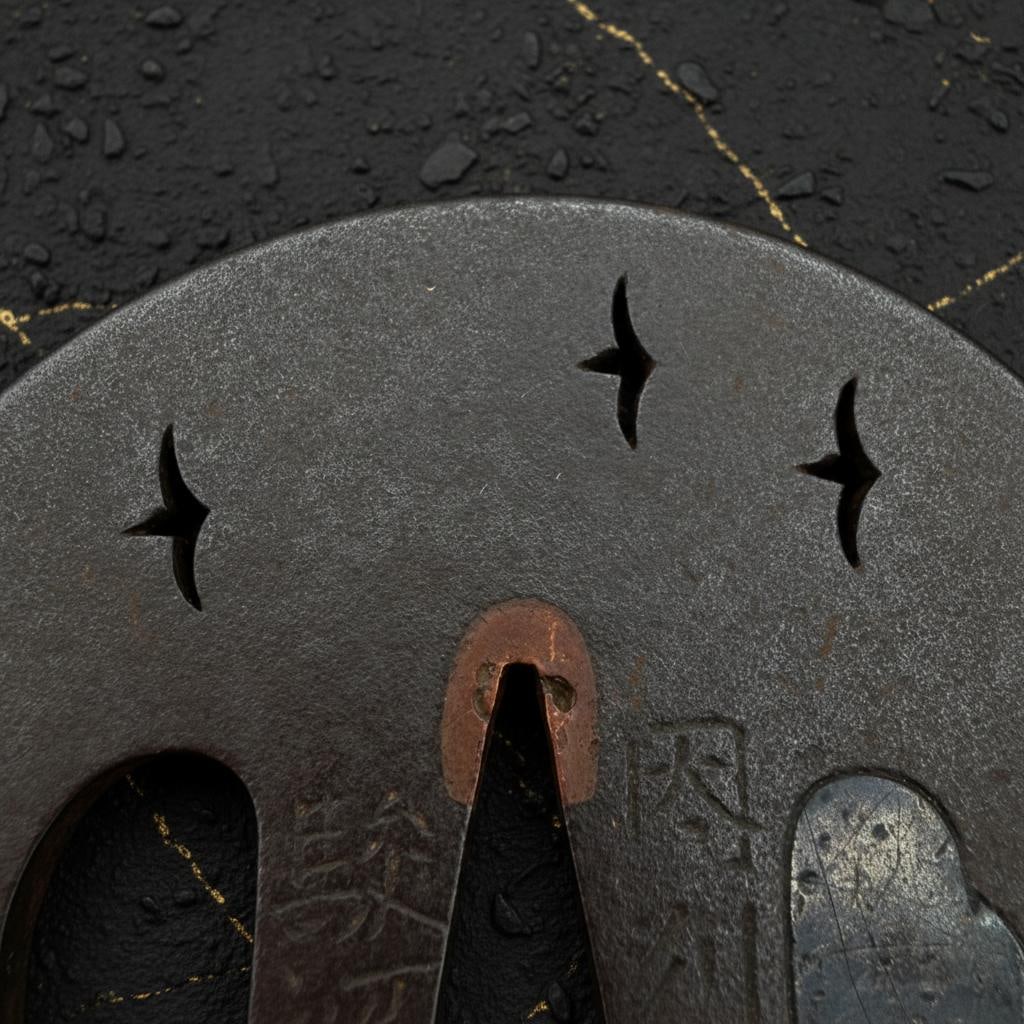 Iron Sukashi Tsuba with Plovers and Waves, Inshu Suruga School, Antique Edo Sword Fitting - 9