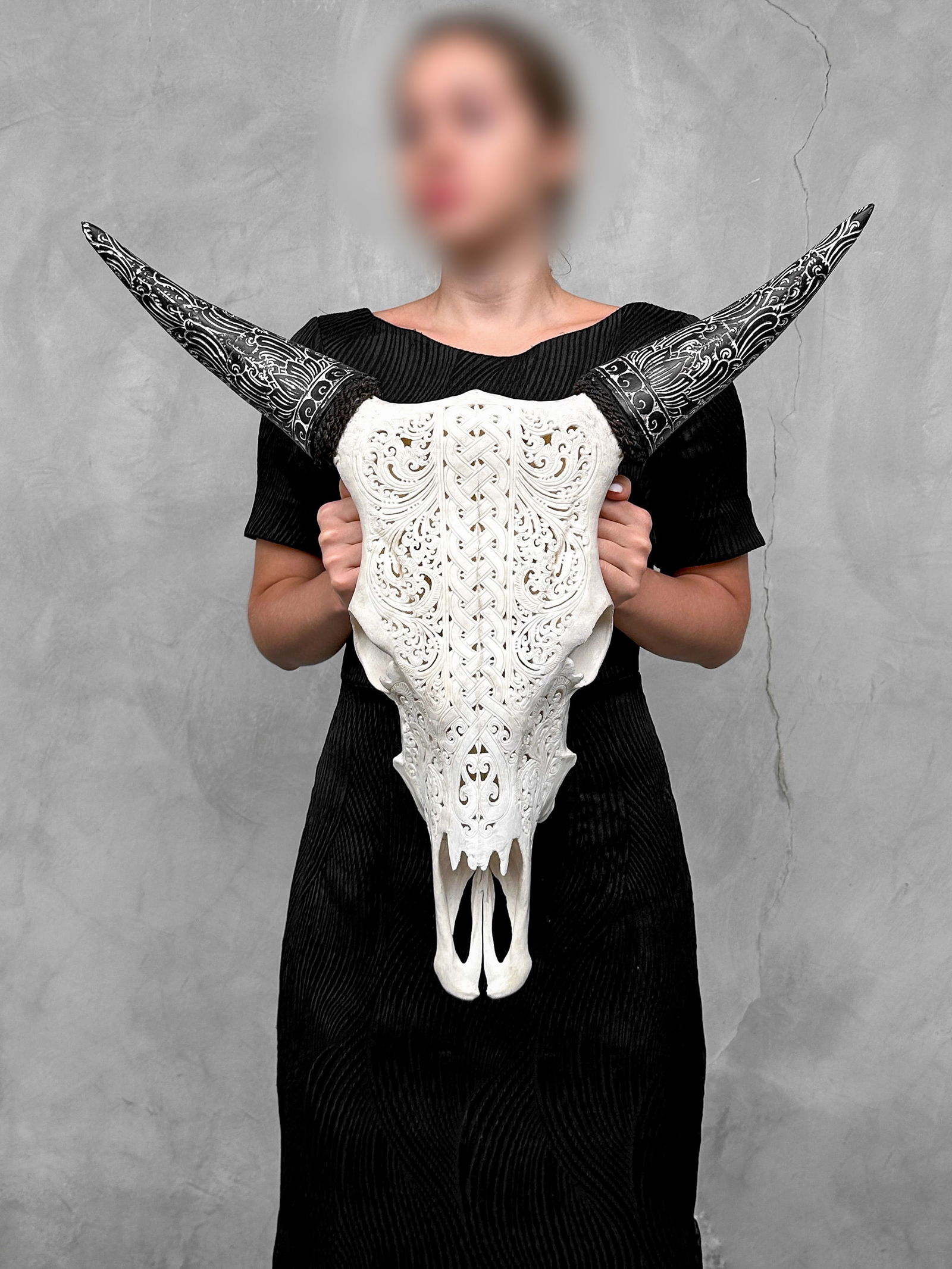 Carved Cow Skull with carved horns - Infinity Motif - 2