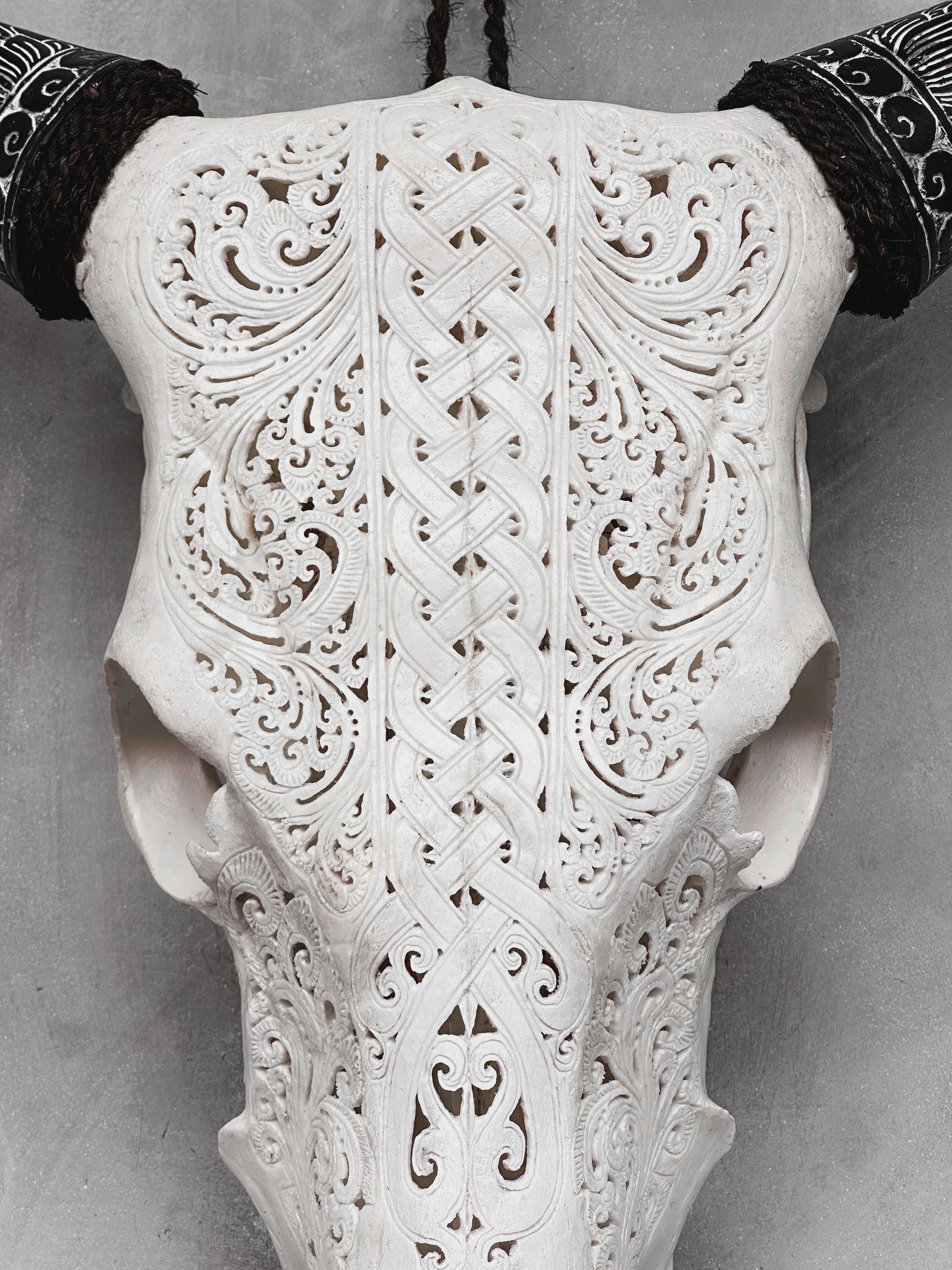 Carved Cow Skull with carved horns - Infinity Motif - 4