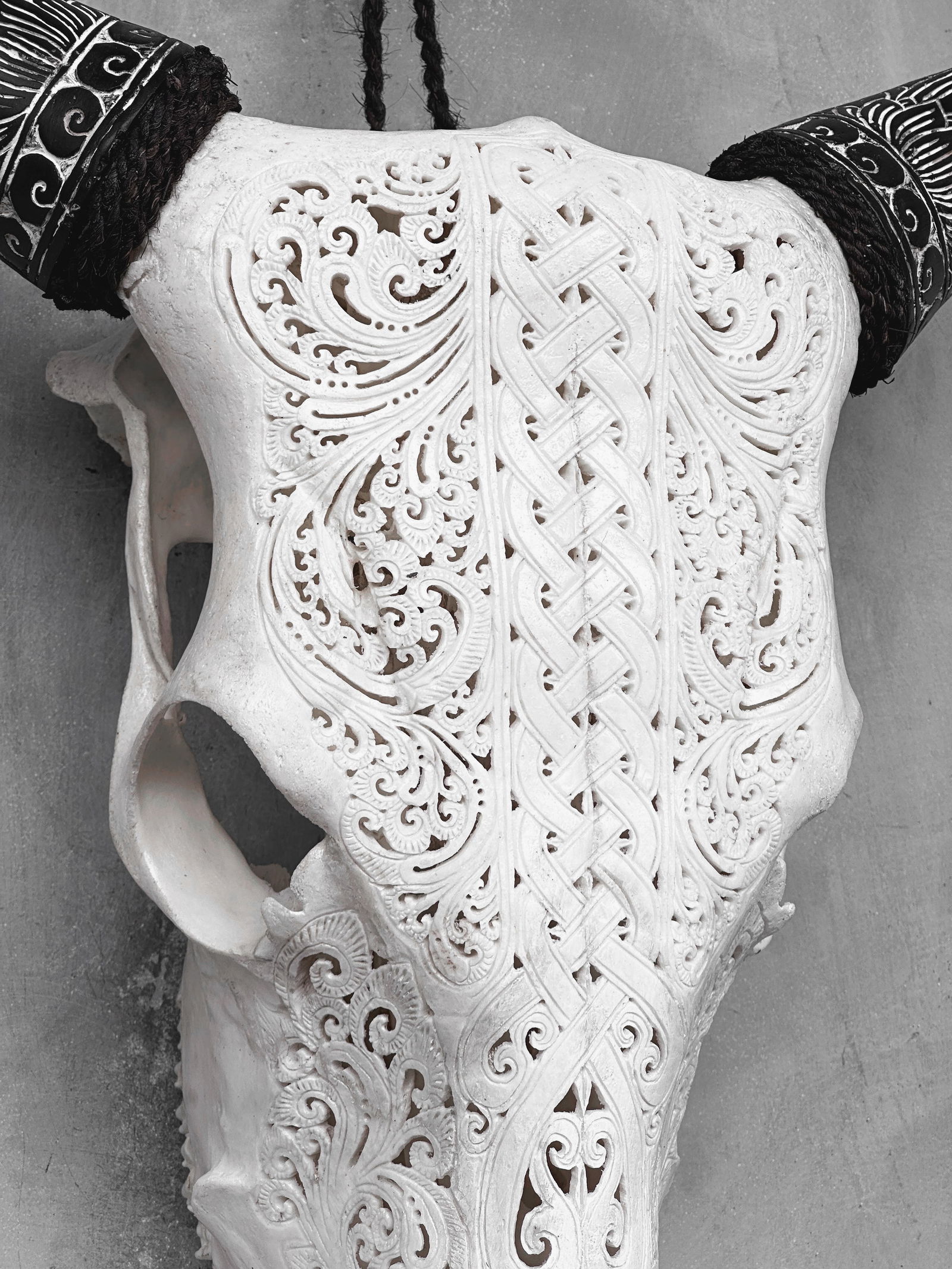 Carved Cow Skull with carved horns - Infinity Motif - 7