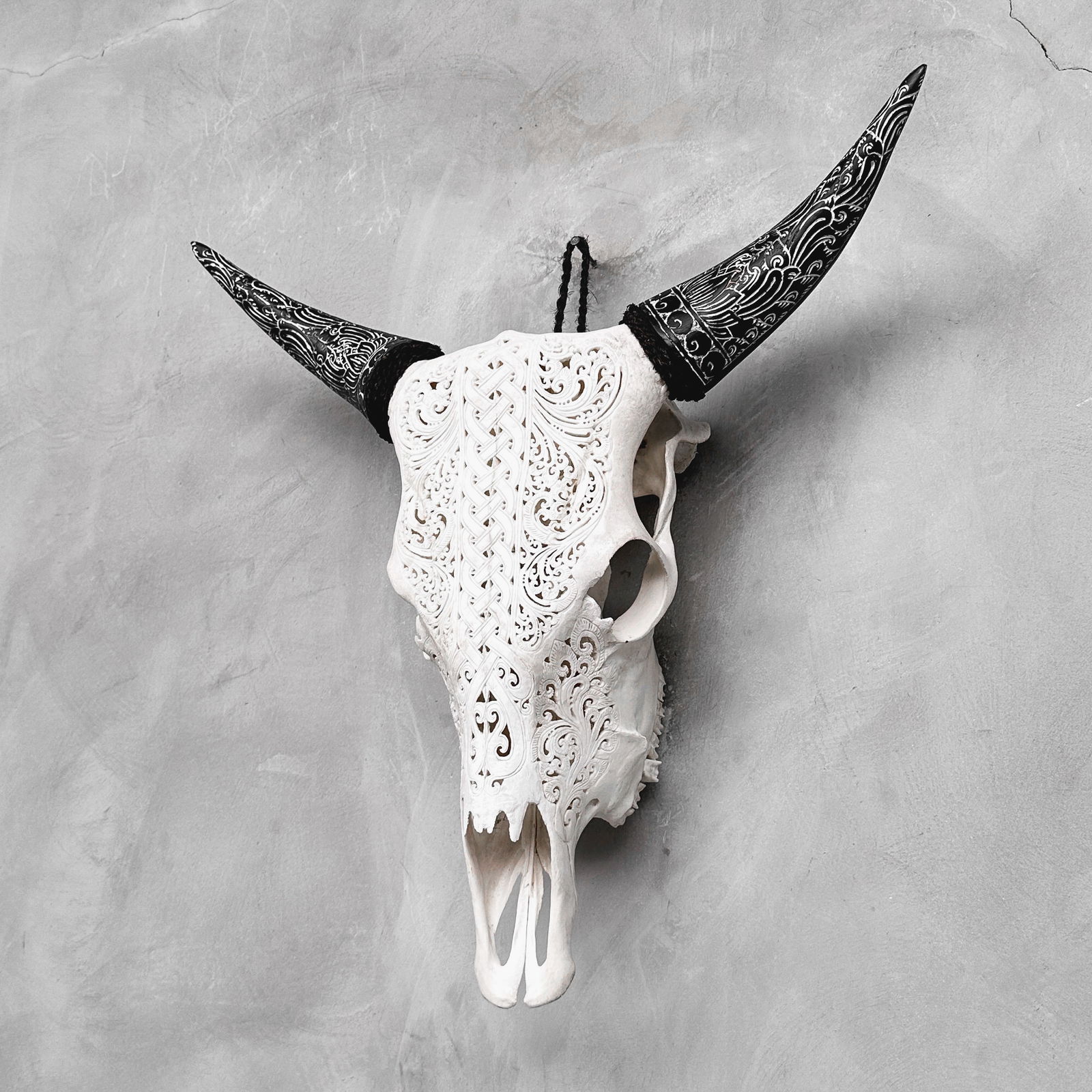 Carved Cow Skull with carved horns - Infinity Motif - 8
