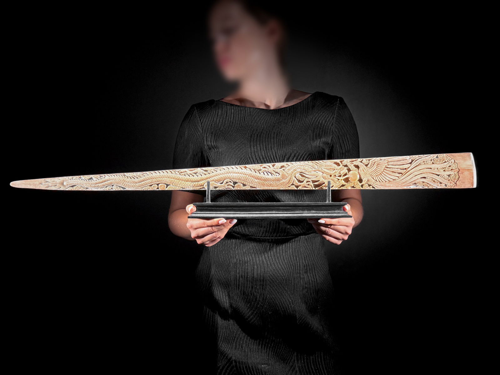 Impressive engraved swordfish rostrum - Dragon Phoenix motif - 2