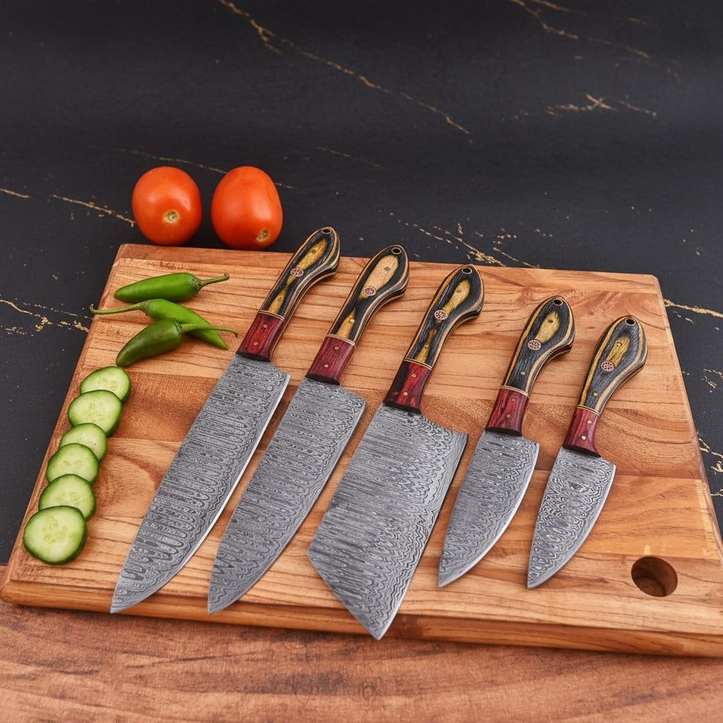 Forged Damascus Steel Kitchen Knife Set, 5 Piece Handmade Chef Knives with Rosewood Handles and - 2