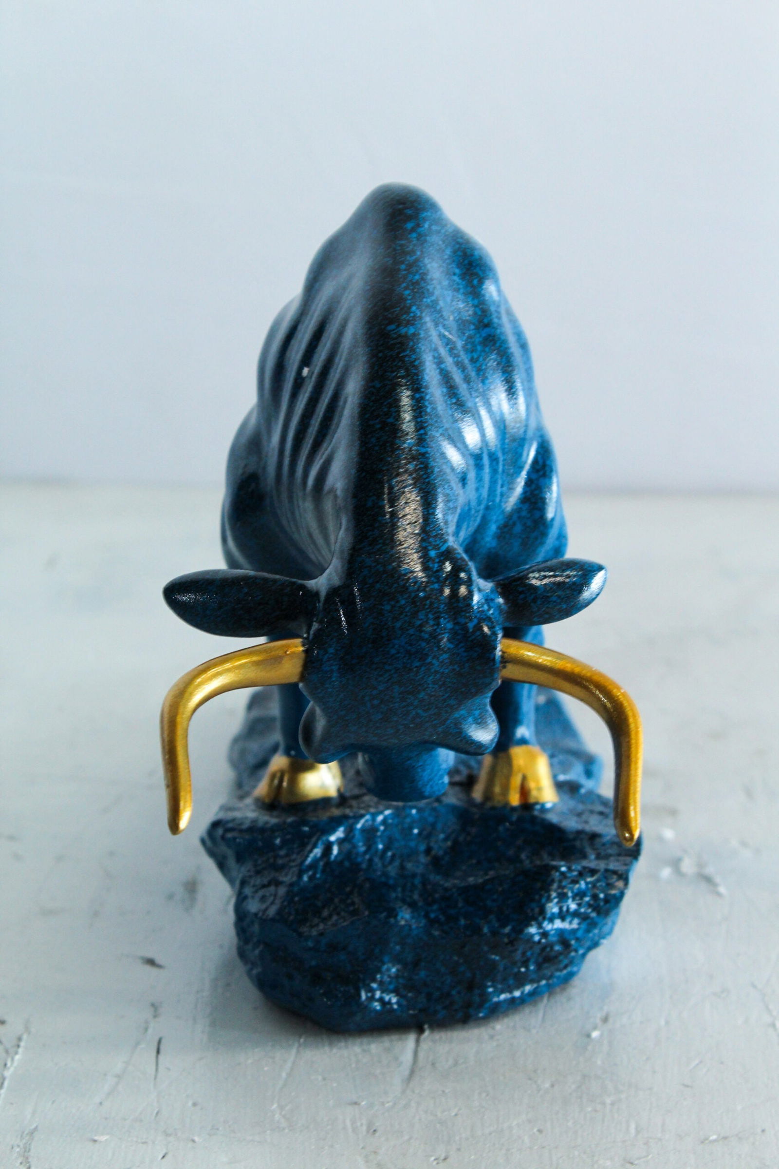 Resin Bull Statue -Bold Indoor/Outdoor Sculpture,Deep Blue Finish with Gold Horns & Hooves,Modern - 2