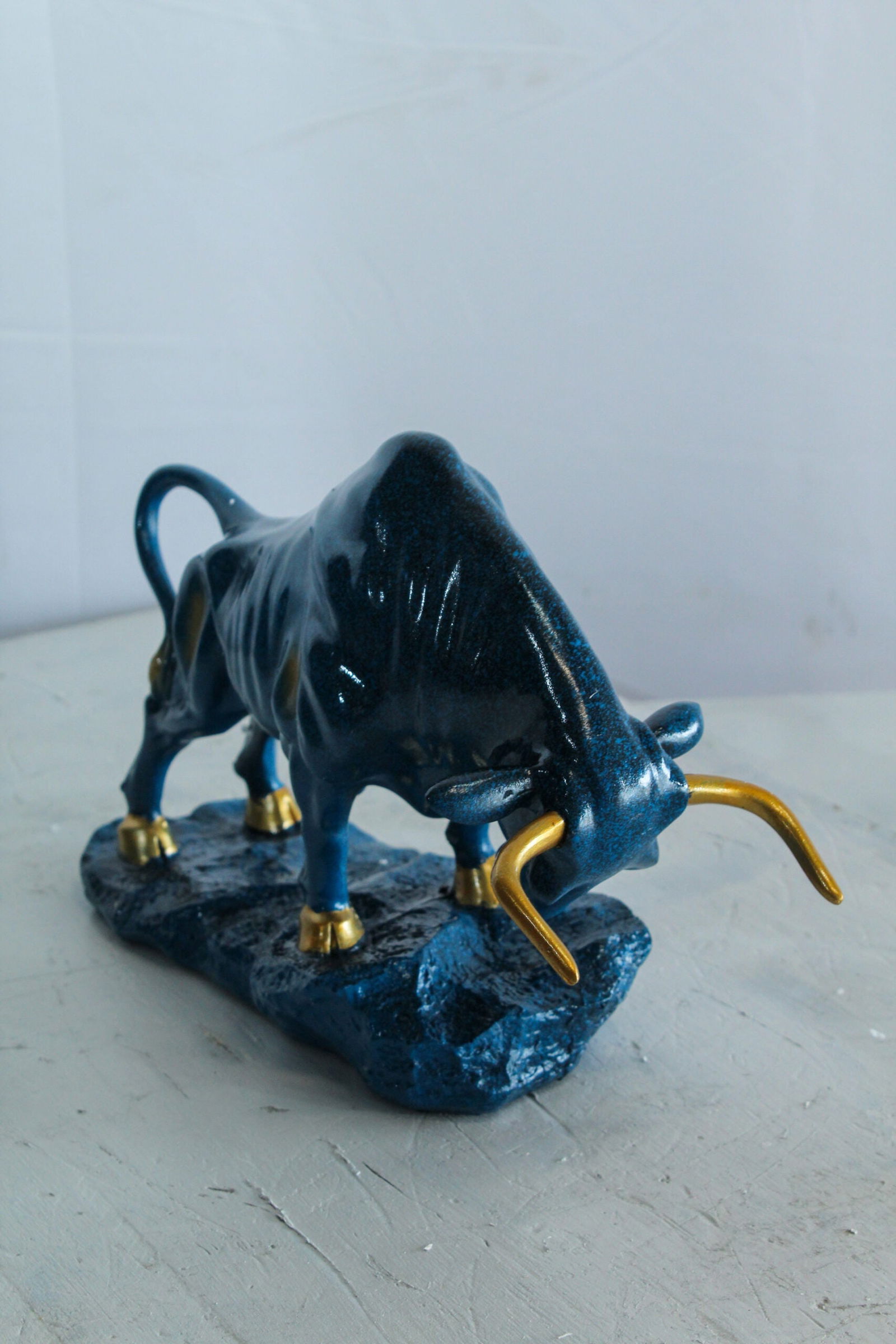 Resin Bull Statue -Bold Indoor/Outdoor Sculpture,Deep Blue Finish with Gold Horns & Hooves,Modern - 3