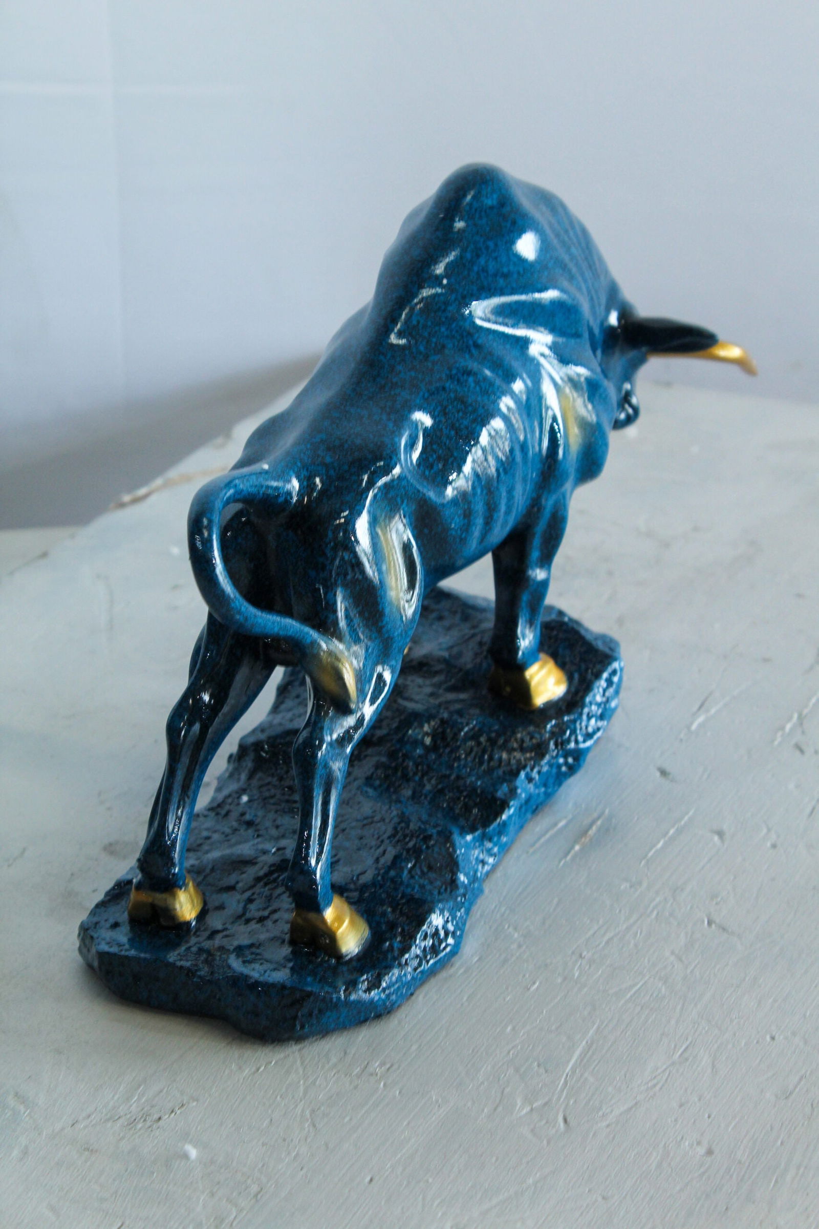 Resin Bull Statue -Bold Indoor/Outdoor Sculpture,Deep Blue Finish with Gold Horns & Hooves,Modern - 6