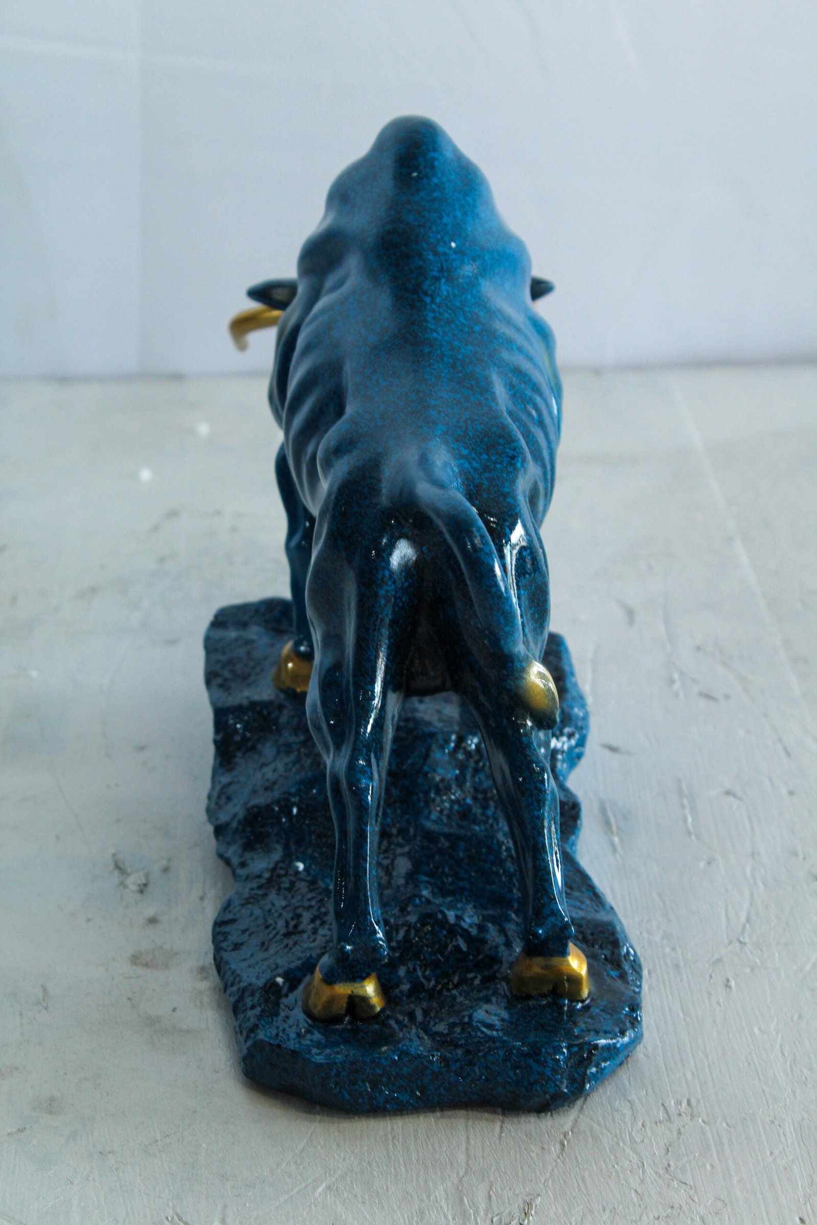 Resin Bull Statue -Bold Indoor/Outdoor Sculpture,Deep Blue Finish with Gold Horns & Hooves,Modern - 7