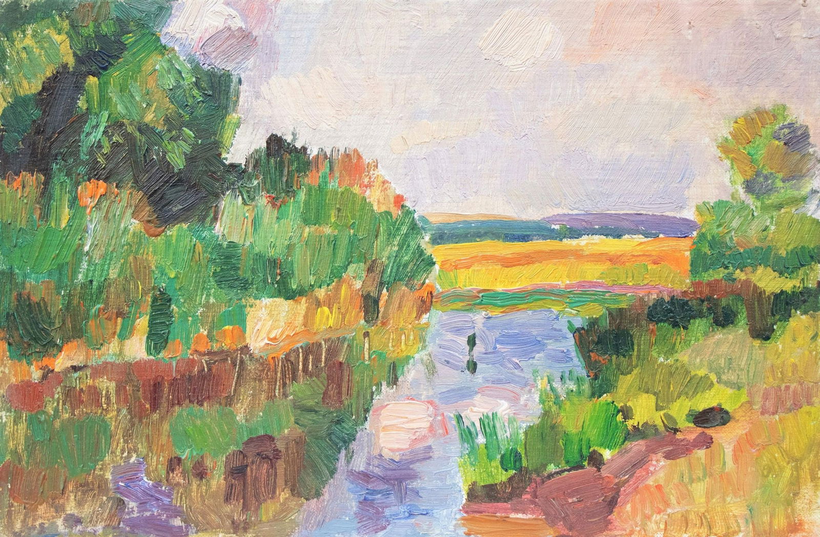 Unidentified (Ukrainian artist), "Narrow river", oil on cardboard: Title: Unidentified (Ukrainian artist), "Narrow river", oil on cardboard Artist: Unidentified Artist Description: ARTIST: Unidentified Artist TITLE: "Narrow river" SIZE: 16 x 25 cm, (6 1/4 x 9 3/4 in.