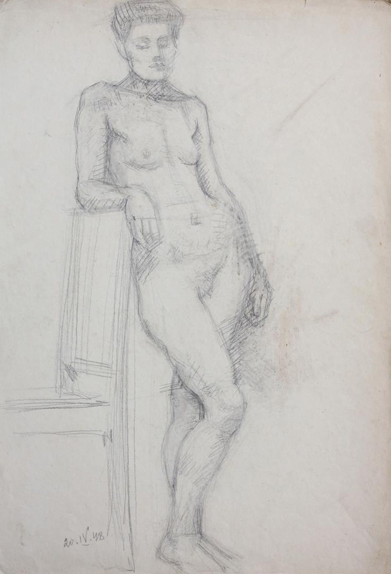 Bizyukov Onufry (Ukrainian artist), "Figure woman leaning on chair", pencil on paper: Title: Bizyukov Onufry (Ukrainian artist), "Figure woman leaning on chair", pencil on paper Artist: Bizyukov Onufry Terentevich Description: ARTIST: Bizyukov Onufry Terentevich, Ukrainian artist TITLE
