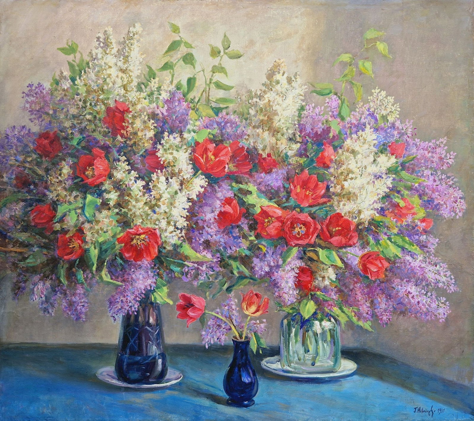 Nevecherya Georgy (Ukrainian artist), "Tulips and lilacs", oil on canvas: Title: Nevecherya Georgy (Ukrainian artist), "Tulips and lilacs", oil on canvas Artist: Nevecherya Georgy Avramovich Description: ARTIST: Nevecherya Georgy Avramovich, Ukrainian artist TITLE: "Tulips
