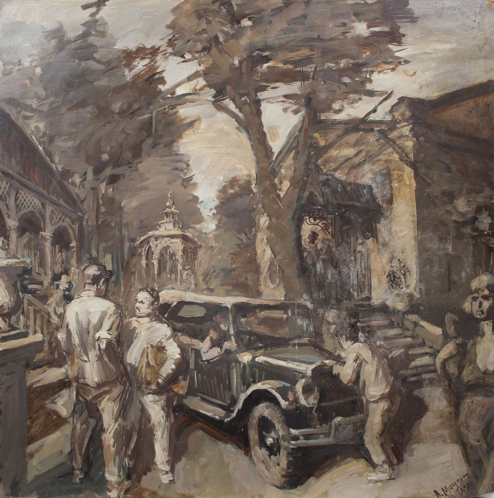 Migulko Viktor (Ukrainian artist), "On the set", oil on cardboard: Title: Migulko Viktor (Ukrainian artist), "On the set", oil on cardboard Artist: Migulko Viktor Vasilievich Description: ARTIST: Migulko Viktor Vasilievich, Ukrainian artist TITLE: "On the set" SIZE: