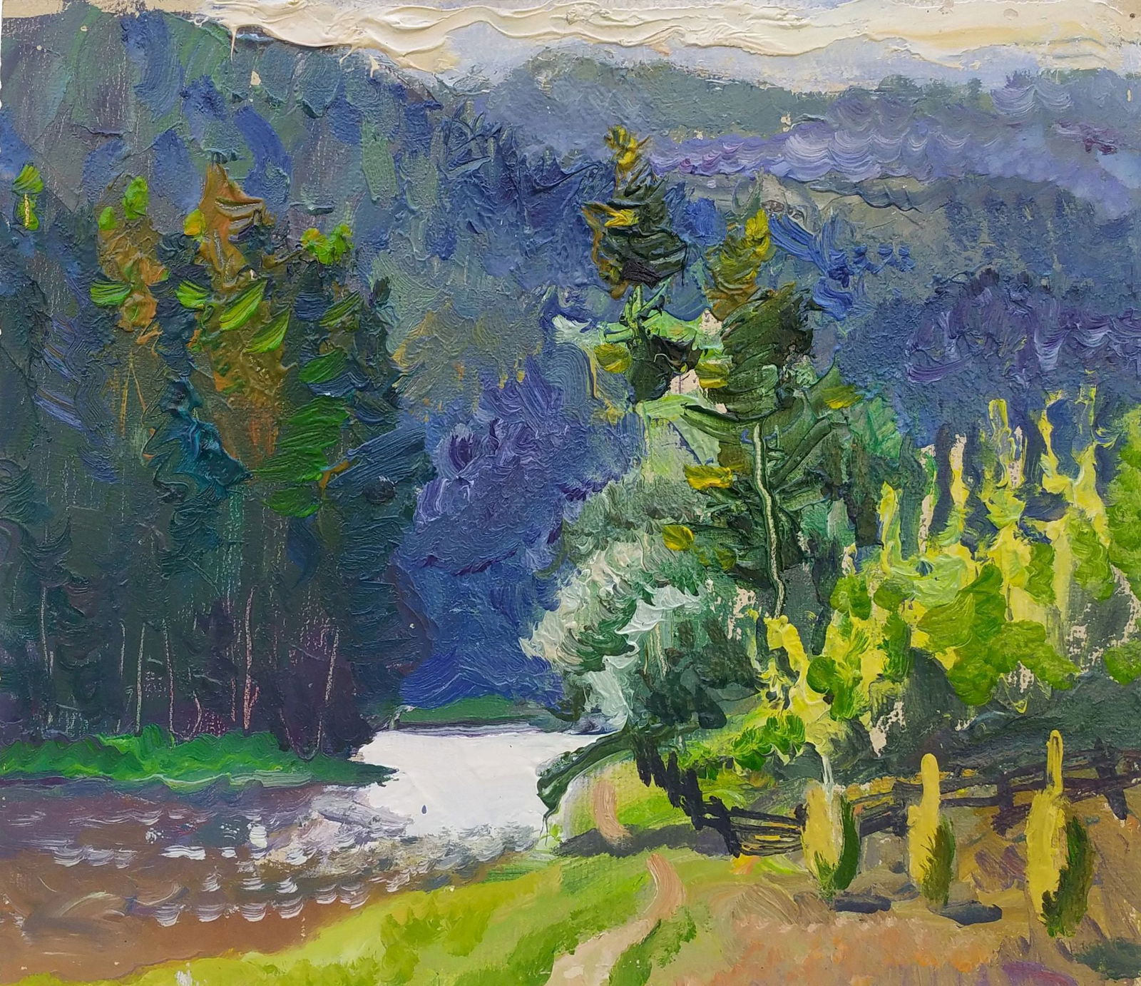 Mynka Olexandr (Ukrainian artist), "Carpathian river", oil on cardboard (1 of 3)