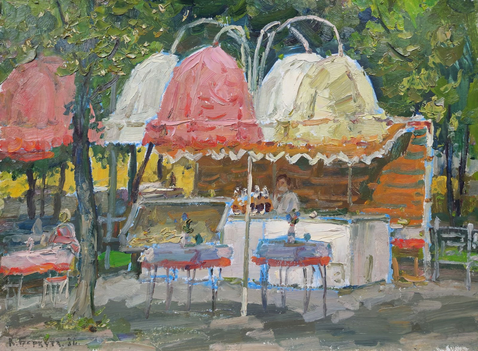 Berkuta Kommunar (Ukrainian artist), "Summer terrace", oil on cardboard: Title: Berkuta Kommunar (Ukrainian artist), "Summer terrace", oil on cardboard Artist: Berkuta Kommunar Savelievich Description: ARTIST: Berkuta Kommunar Savelievich, Ukrainian artist TITLE: "Summer t