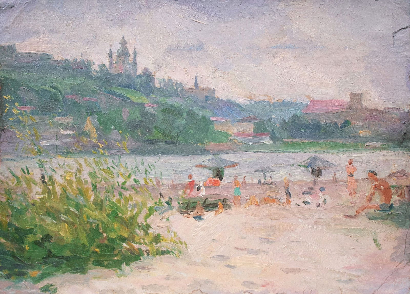 Unidentified (Ukrainian artist), "On the beach", oil on cardboard: Title: Unidentified (Ukrainian artist), "On the beach", oil on cardboard Artist: Unidentified Artist Description: ARTIST: Unidentified Artist TITLE: "On the beach" SIZE: 27 x 37 cm, (10 3/4 x 14 2/4 i